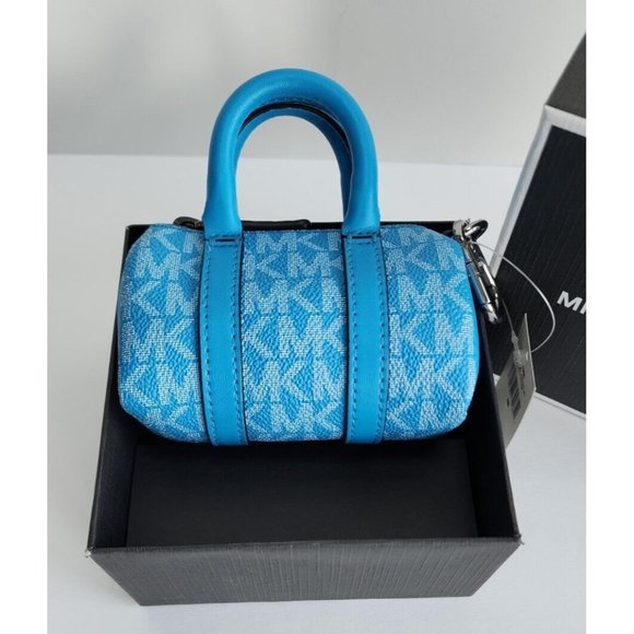 Michael Kors Micro Duffle Key Fob Perfect Sky Blue Signature Silver Hardware NWT - Picture 3 of 10